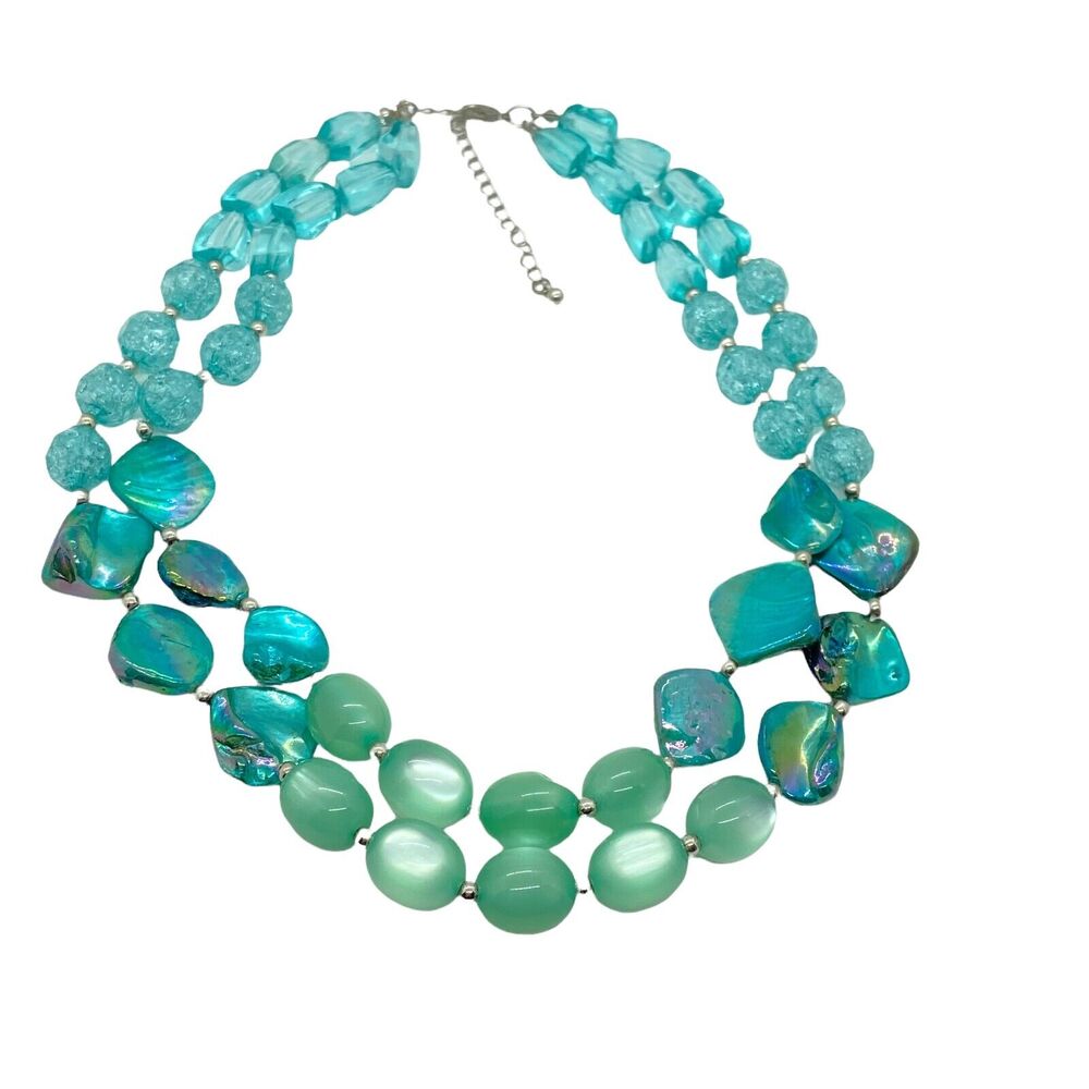 Shell Necklace Women's Blue Green Shimmering Acrylic Bead Double Strand 17"